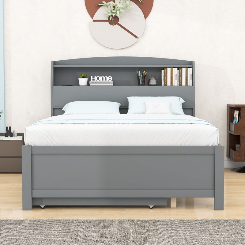  Lit plateforme en bois avec lit gigogne, tête de lit et tiroirs Falcone, gris, Double