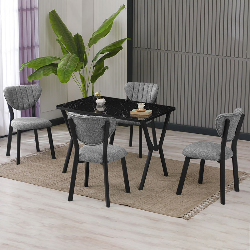 Ensemble de table et chaises de salle à manger extensible Modern (5 pièces), gris et noir | 100% panneau de particules revêtu de mélamine, table: 43,3 po x 29,1 po x 29,1 po, chaises: 18,5 po x 33,5 po x 17,7 po, structure en métal, tissu 100% lin, parfait pour les espaces de salle à manger élégants