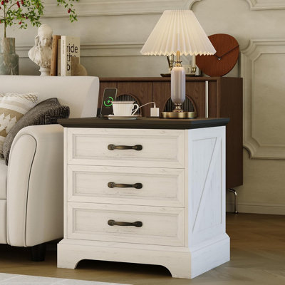 Farmhouse Nightstand with Charging Station & 3 Large Drawers, 24 Inch Wide Rustic Bedside Table & End Table for Bedroom
