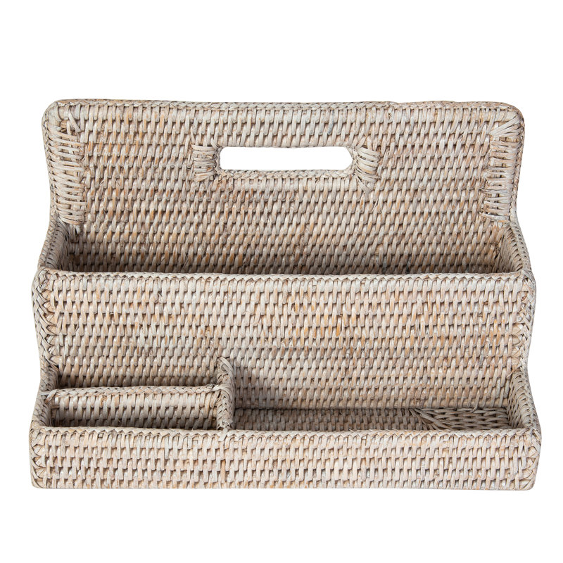 Handwoven White Wash Rattan Stationery Sorter with Handle