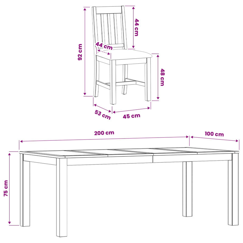 Oak Solid Wood Dining Set, 75cm H x 200cm W x 100cm D, Beige, 7