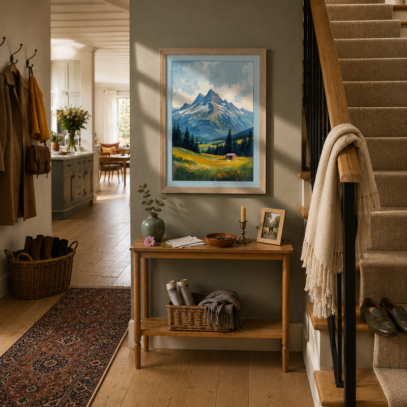 Mountain at Sunrise Rustic - Framed Print, A2 - 59.4 x 42.0 cm, Oak