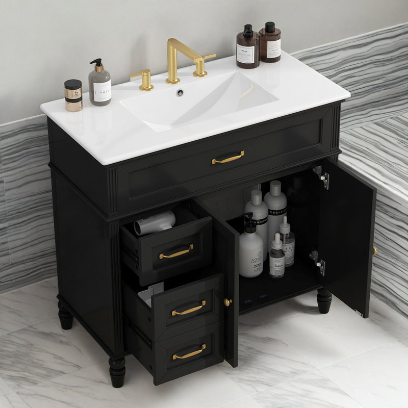 Ensemble de meuble-lavabo rétro 36 po - Lavabo en céramique - Structure en bois d'acacia - Conception rainurée - Compatible avec un robinet de 8 po?