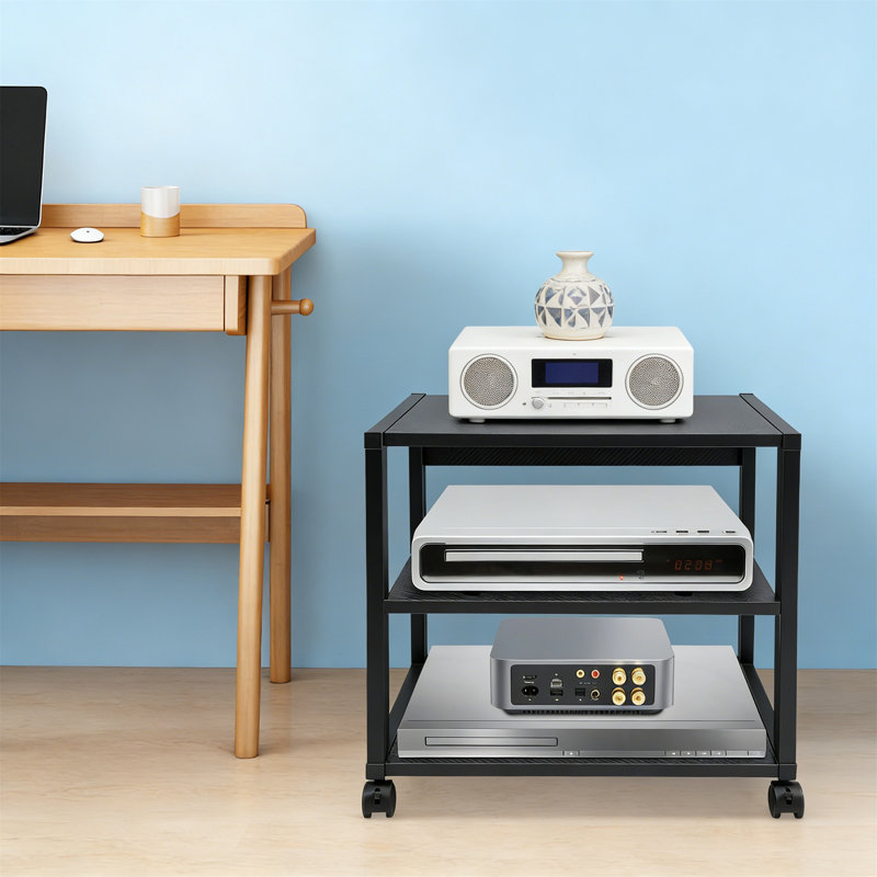 3-Tier AV Media Stand With Lockable Wheels, Movable Audio Tower With Corner Shelf For Record Player