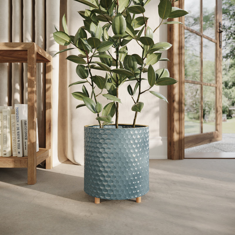 Pot à fleur en métal Mid Century, H 13 po x l 12,25 po x P 12,25 po, Bleu-vert