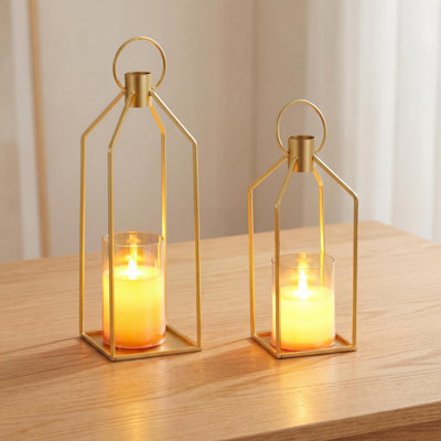 Set of 2 LED Candle Lanterns – Gold Metal with Flickering Flameless Candles, 6H Timer & Remote – Indoor/Outdoor Decor for Porch, Table or Fireplace – 12" & 15"