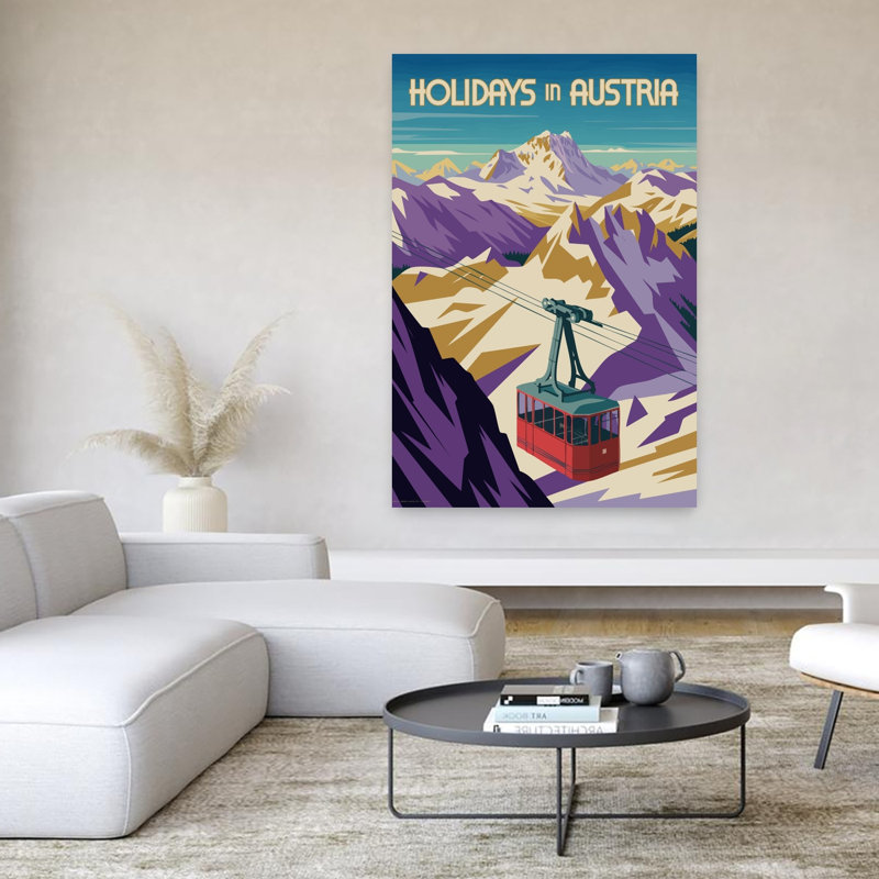 Gondole alpine, autrichienne, rétro, paysage abstrait, montagne, art mural, H 60 po x l 40 po