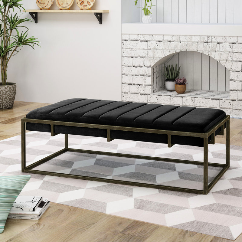 Upholstered Bench In Black Velvet - Modern Design, Channel , Comfortable Seating, 49 Depth With And Brass Finish Minimalist, 25 Width, 16 Height