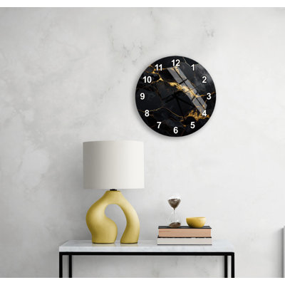 Black Marble Wall Clock, Luxury Gold Art, Large Tempered Glass Decor, Modern Round Timepiece, Roman Numeral Office Gift, Abstract Design