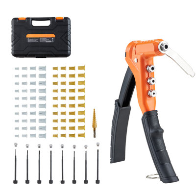 Ensemble d'outils pour écrous à riveter, ensemble d'outils à noix à une main de 9 pouces, avec 8 mandrins, une mèche à pas et 80 écrous, métrique et SAE taille M3, M4, M5, M6, 6-32, 8-32, 10-24 , 1 / 4-20 UNC, avec étui de transport