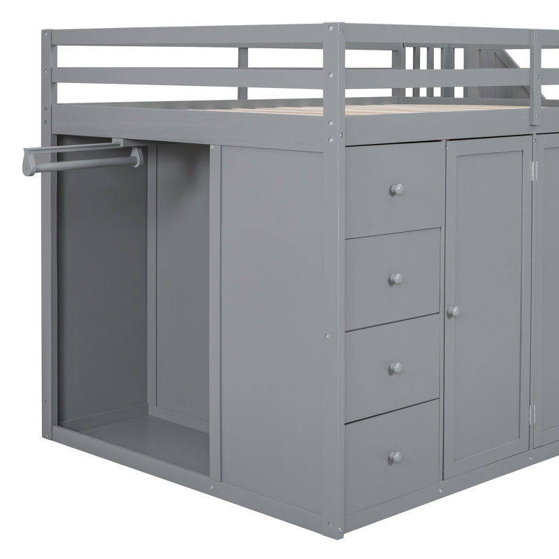 Lit mezzanine gris avec de nombreux espaces de rangement: armoires, armoires, tiroirs pour la chambre à coucher