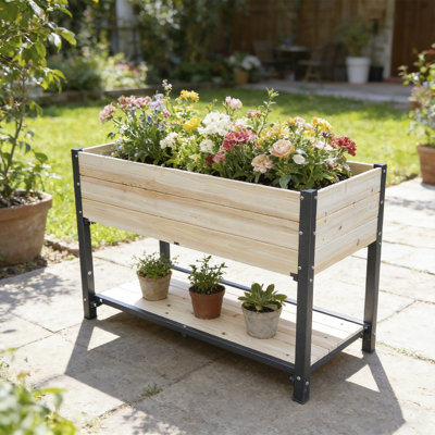 Nouveau style: lit de jardin surélevé à structure en fer et en bois massif - panneaux de bois réversibles et remplaçables, sans peinture / formaldéhyde, boîte à fleurs à bricolage pour légumes, fruits et fleurs