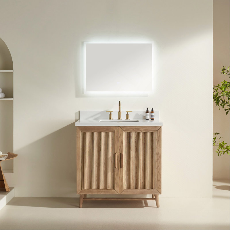 Meuble-lavabo de salle de bain autoportant 36 po entièrement assemblé en bois massif avec plateau blanc d'ingénierie entièrement assemblé