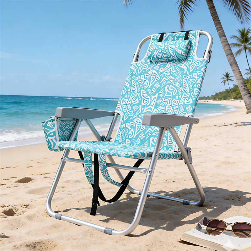 Aluminum Beach Chair, 5-Position Reclining Folding Lounge Chair With Cooler Bag, Teal Tribal Pattern, Cup Holder & Side Pocket, 15" Seat Height, 265 Lbs Capacity, 1-Pack