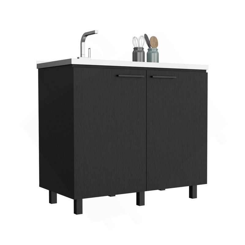 Armoire utilitaire autoportante à 2 portes avec comptoir en acier inoxydable et 2 portes, noir