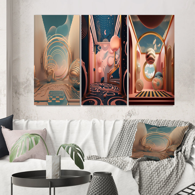 «Futur Folklore Minimal Retro Architecture I», 3 pièces sur toile, Toile tendue, H 28 po x l 36 po