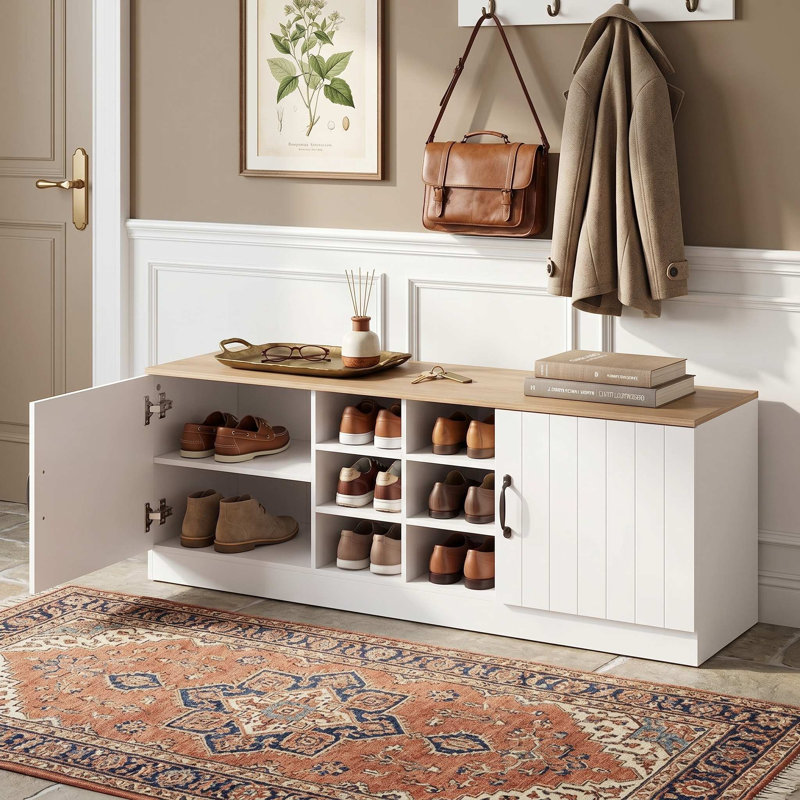 2-Door Padded Shoe Storage Bench Cabinet, Adjustable Removable Shelves & Anti-Tip Design, Scratch-Resistant Finish Suitable For Entryway