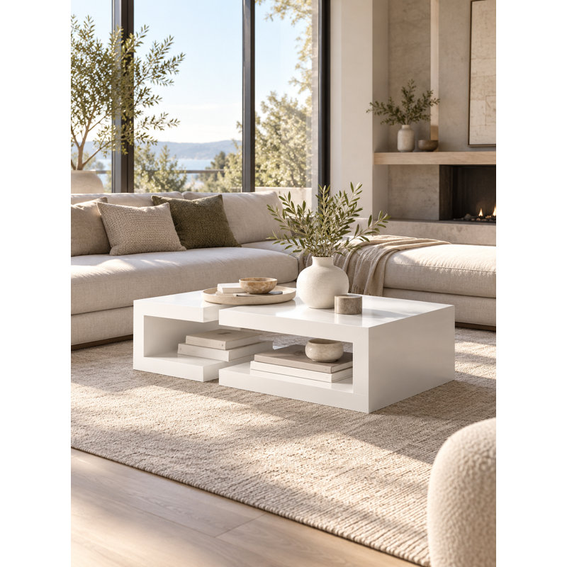 Modern White High-Gloss Rectangular Coffee Table with Open Storage Shelves, White