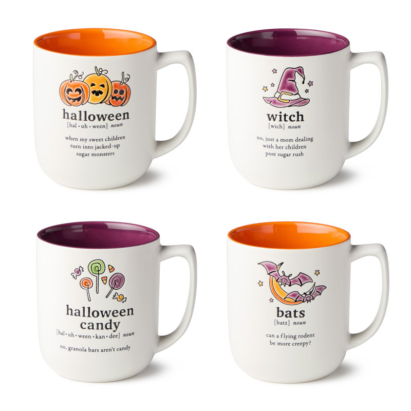 Mugs d'Halloween - Quatre tasses en grès assorties de 18 onces dans des définitions de mots d'Halloween, les tasses les plus racontables et les plus amusantes de la saison effrayante.