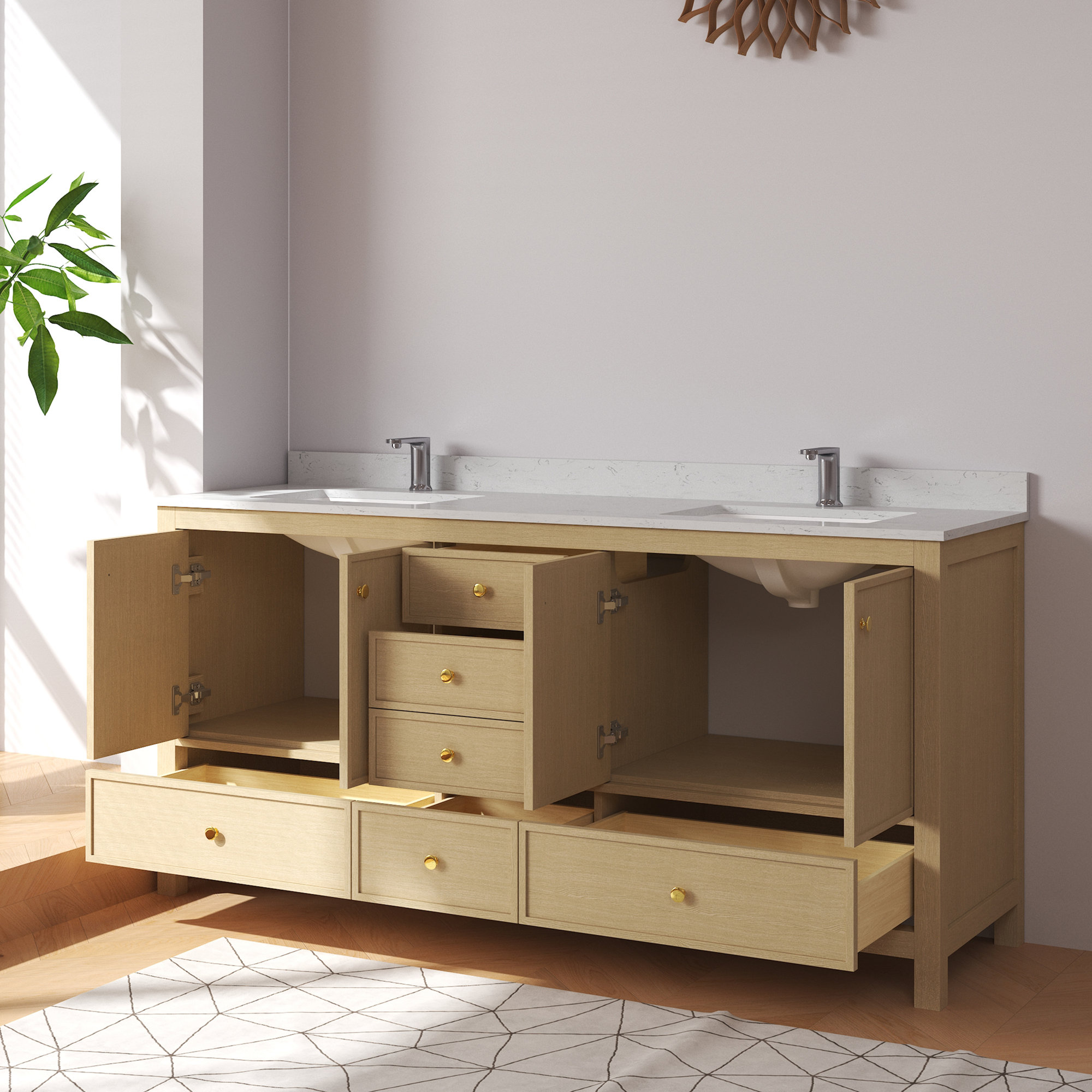 Aura Double Bathroom Vanity With Countertop Double Undermounted Sink, 71.81", Light