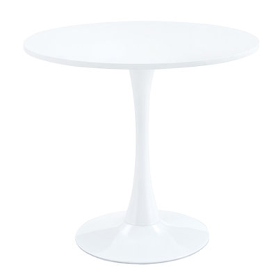 A light luxury style white round dining table, equipped with an elegant tulip-shaped metal base and a 31.5-inch medium-density fiberboard tabletop, presents a modern medieval style in its entirety. It