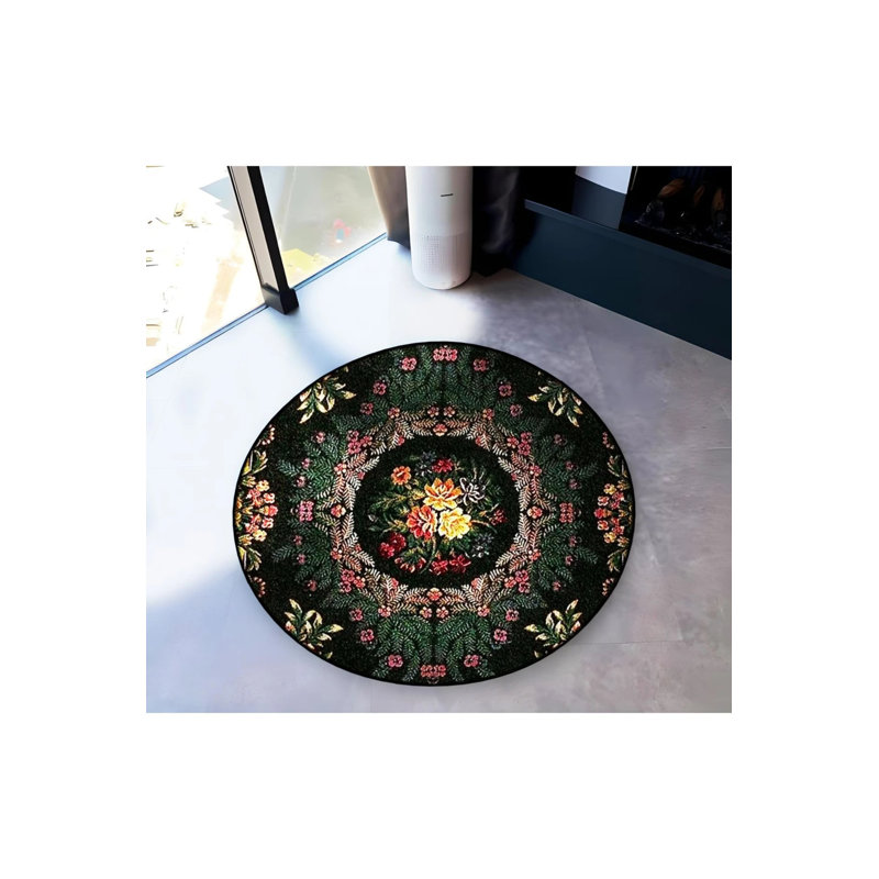 Dark Green And Black Theme Floral And Motif Patterned Round Woven Base Vintage Decorative Carpet, Round 2'8"