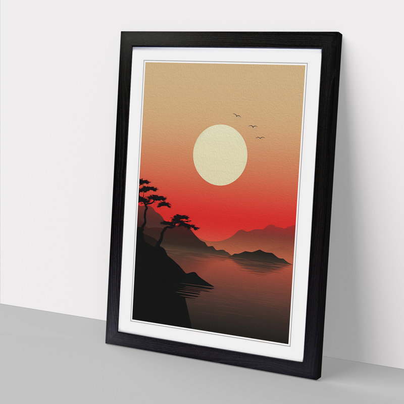 Japanese Sunset Minimalism - Framed Print, 34cm H x 25cm W x 2cm D, Black Framed