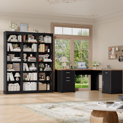 Ensemble de bureau à domicile 2 pièces, bibliothèque standard H 71,2 po x l 63,4 po avec tablettes réglables et bureau double caisson en L 59,8 po Farmhouse
