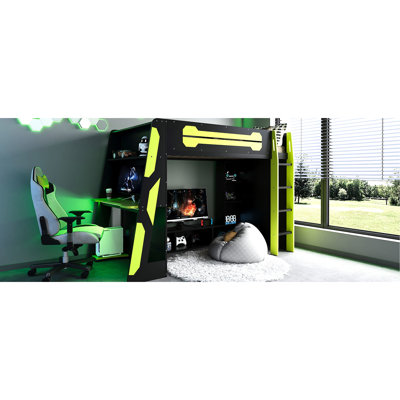 Twin Size Loft Bed With Integrated , Desk And Multi - Storage Shelves, Themed For Work Gaming, Under Console Tv Storage Area Style Gaming Console, Smooth Shift Between