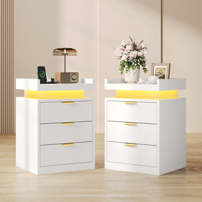 Led Nightstand Set Of 2 With Charging Station & Usb Ports, 3-drawer Bedside Table With Adjustable Rgb Led Lights, High-gloss Modern Nightstands For Bedroom, White