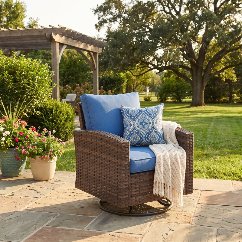 Swivel Patio Wicker Lounge Chairs with Cushions, Brown, Slate Blue