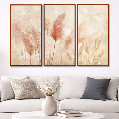 Earth Tone Pampas Drift I - Boho, ensemble de 3 toiles encadrées