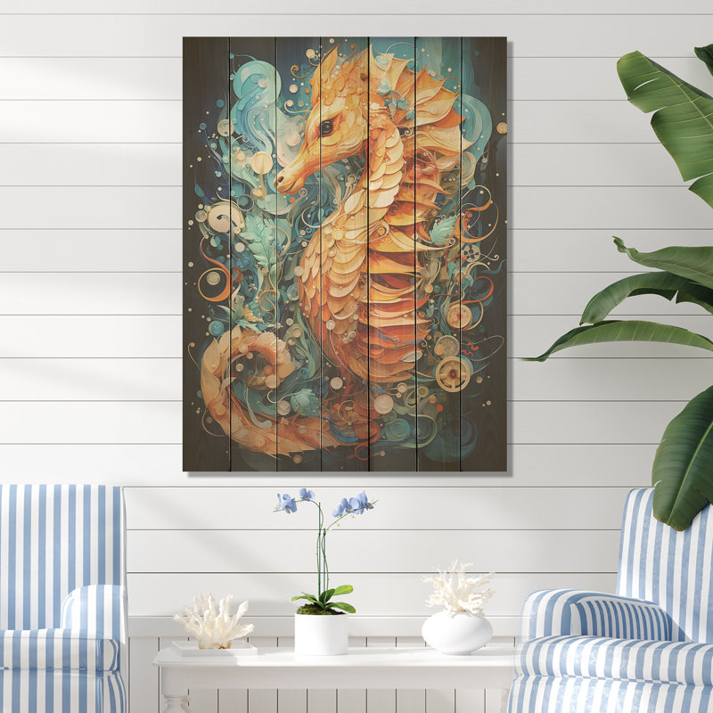 Orange et bleu, hippocampe Symphony I - hippocampe, impression sur bois, H 20 po x l 10 po