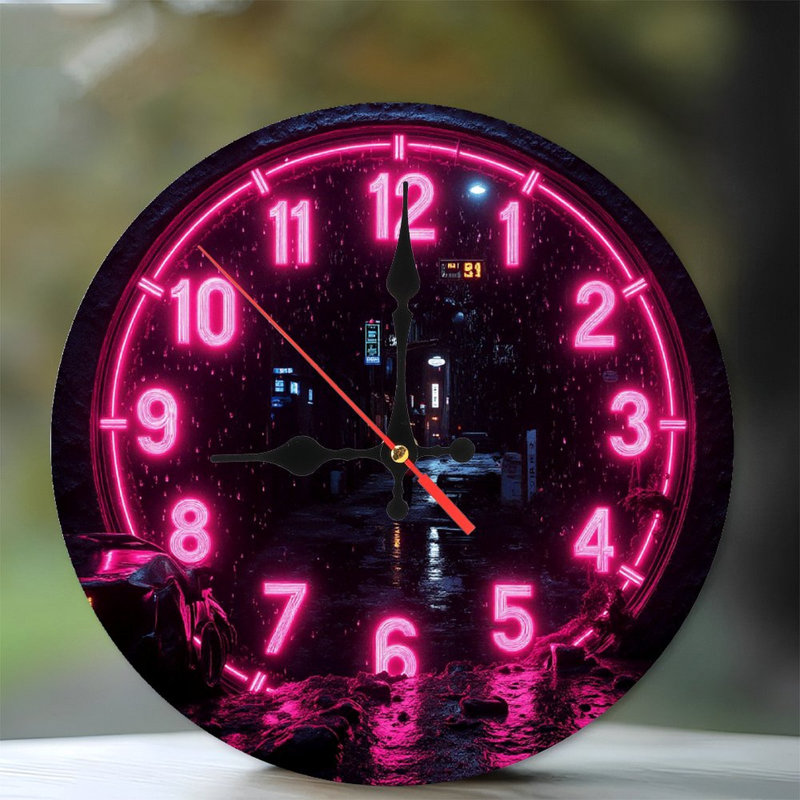 Horloge néon, pluie, paysage urbain