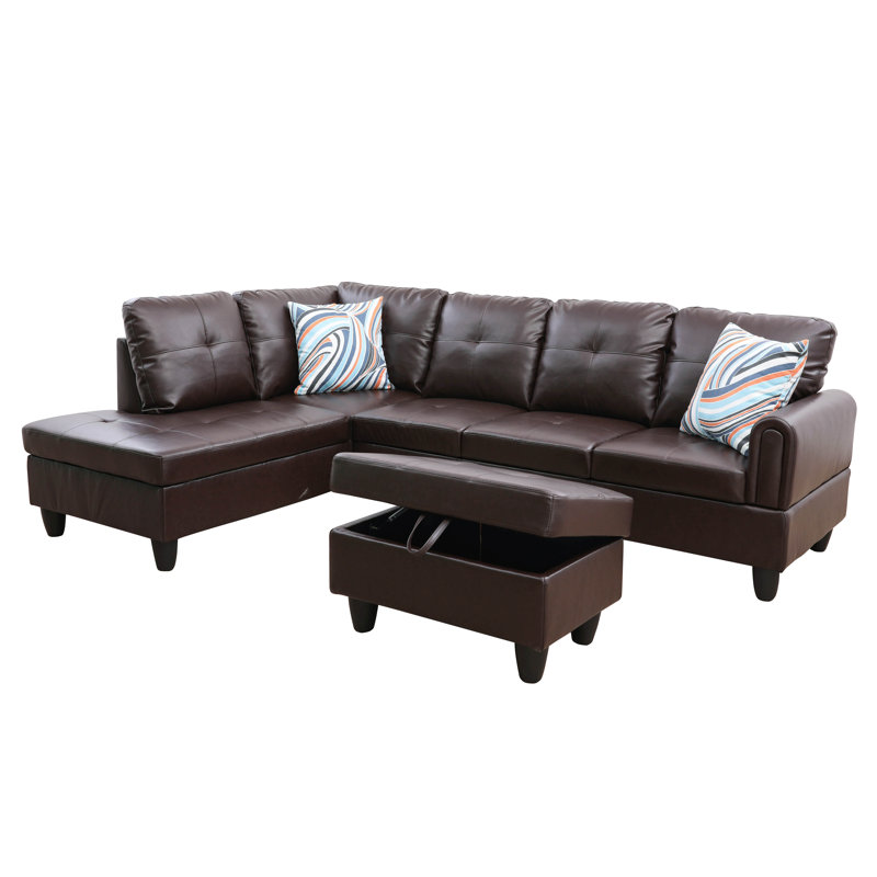 Jayzen 3 - Piece Vegan Sectional, Left Hand Facing, Brown Faux Leather, Black