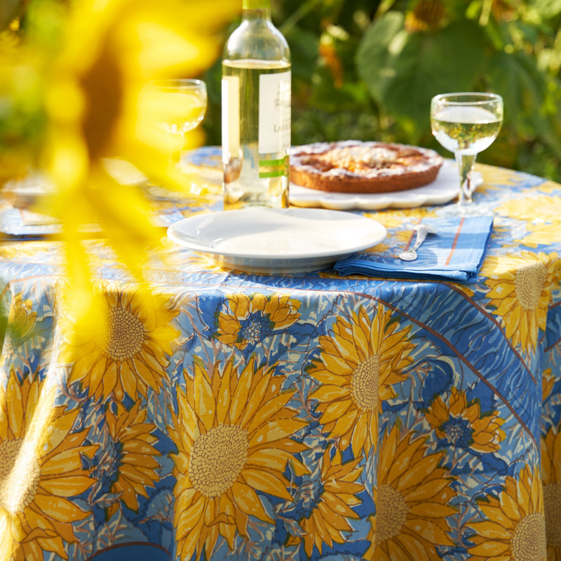 Sunflower Handmade Floral Tablecloth, Blue, 90" W x 90" L