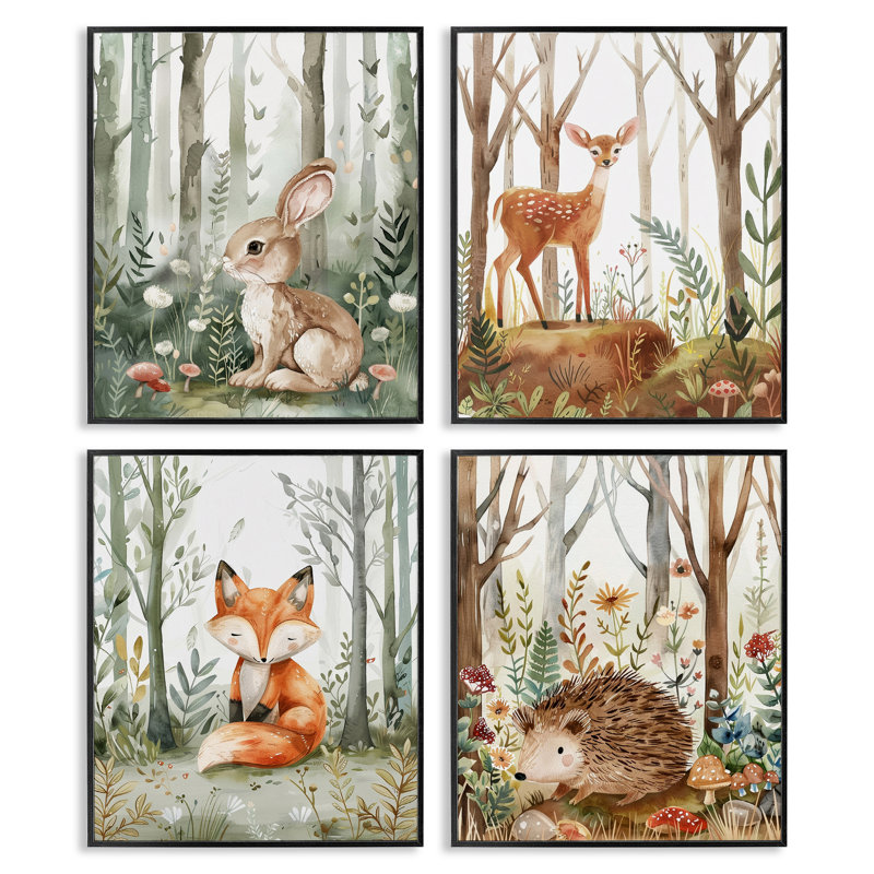  «Baby Animals in Woods», ensemble de 4 giclées par LSR Design Studio, H 14 po x l 11 po, Giclée encadrée noir minuit
