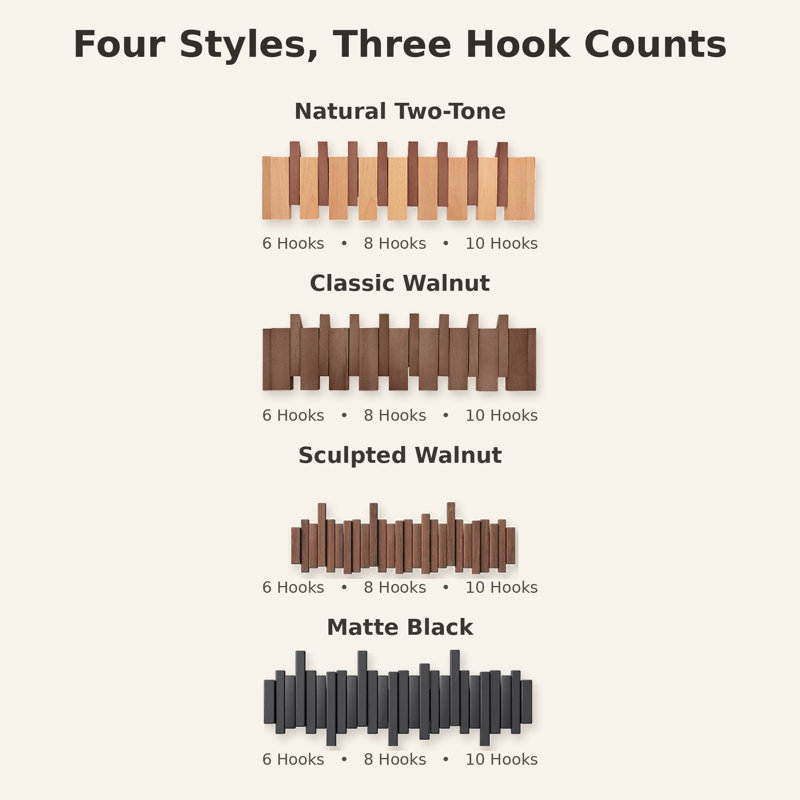 Porte-manteau mural en bois massif avec touches de piano – Crochets magnétiques rabattables avec double installation (avec ou sans perçage), cintre robuste pour entrée, chambre et salon (6/8/10 crochets, 4 couleurs)