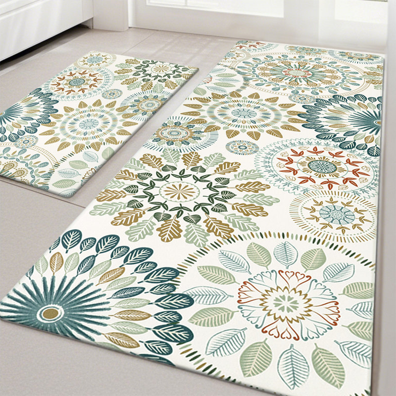 Jalissia Anti-Fatigue Non-Skid Kitchen Mat, Runner 20" x 31.5" + 20" x 59", Brown/White/Green/Blue