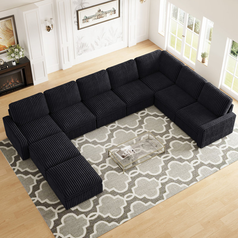 Oversized U Shaped Modular Corner Sectional Sofa With Storage Ottoman, Black Corduroy