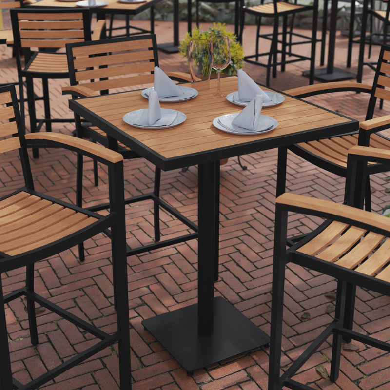 Lark Commercial Grade 32" Square Outdoor Bar Height Table with Poly Resin Slats, Teak