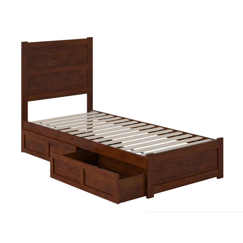 Lit plateforme avec rangement en bois massif Ney, Noyers, Simple TG, Oui