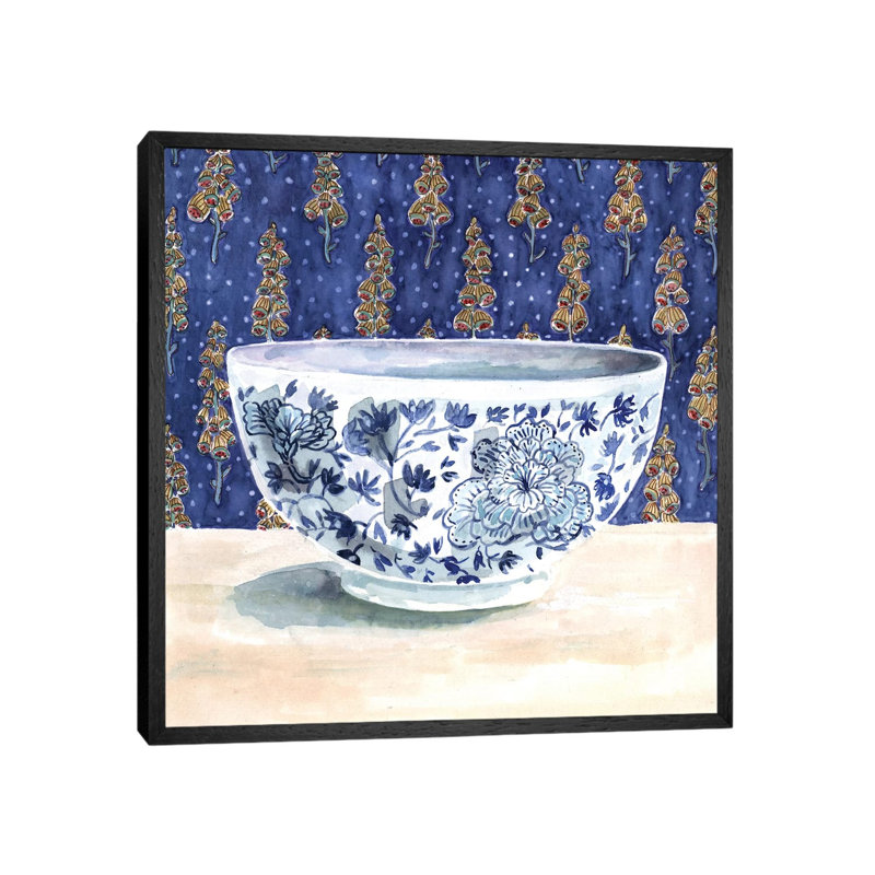 Blue China With Floral Wallpaper by Miri Eshet - Painting on Canvas, Black Framed, 93.98 cm H x 93.98 cm W