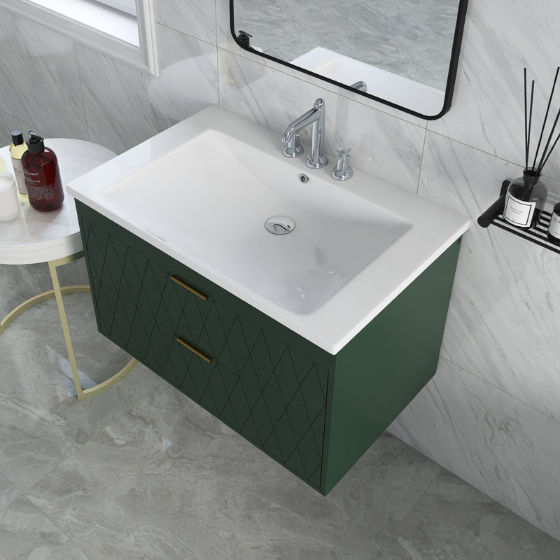 Meuble-lavabo mural avec lavabo en résine et 2 tiroirs, Vert