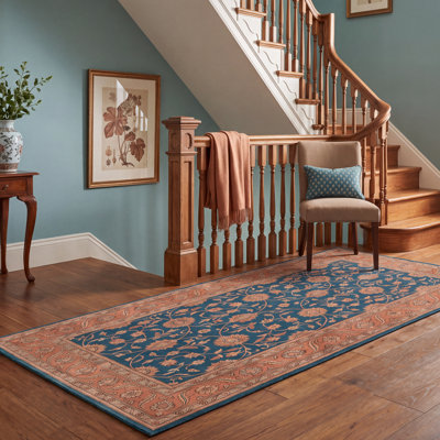 Tapis Acacia2 traditionnel à motif floral intégral, bleu sarcelle, or et crème, lavable à la machine, antidérapant, à poils courts, pour l'intérieur et l'extérieur, adapté aux animaux domestiques, idéal pour le salon, la chambre, la salle à manger, l'entrée, le couloir ou le bureau.