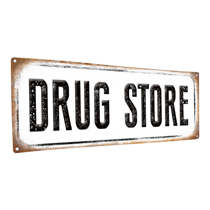 "En métal vieilli, pharmacie" sur métal, H 5,75 po x l 15,5 po x P 0,04 po