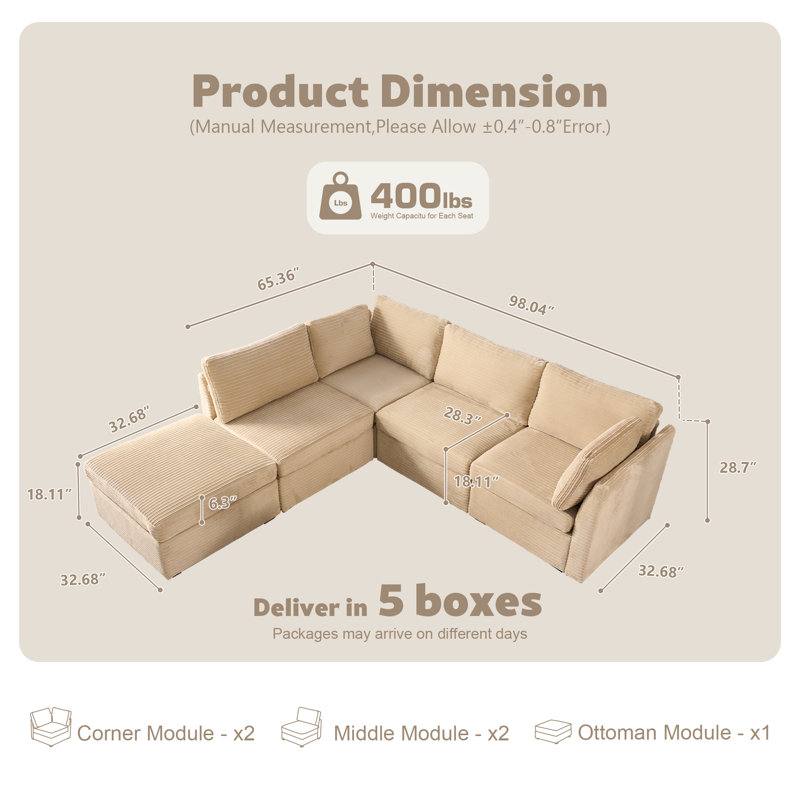 Canapé-lit modulaire 98 "avec repose-pieds modulaire 98" pour salon, bureau ou chambre à coucher