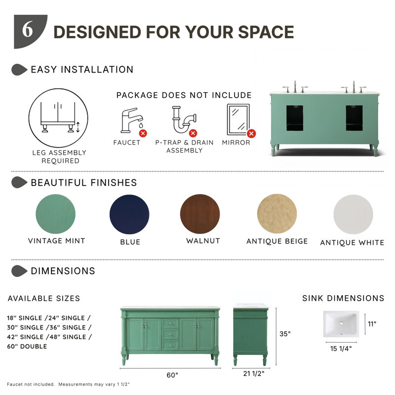 Ensemble de meuble-lavabo double 60 po Lexington, Menthe rétro, Veines blanches / brunes
