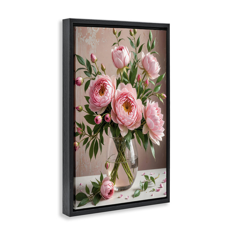 Élégantes pivoines dans un vase, encadrées par Yuri Khrushch, Cadre flottant noir de jais, H 31 po x l 21 po