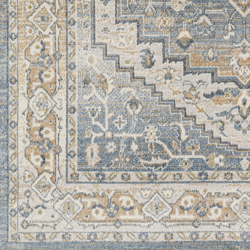 Kinzel Machine Washable Oriental Blue/Mustard Area Rug, Rectangle 2' x 3'